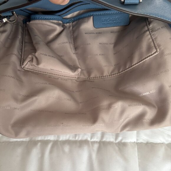 Michael Kors Tote Bag Emma Satchel Shoulder Crossbody Blue Pockets Leather - Picture 9 of 14